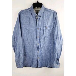 Ted Baker Button Front Shirt Mens 4 Linen Blend Blue Contemporary Casual